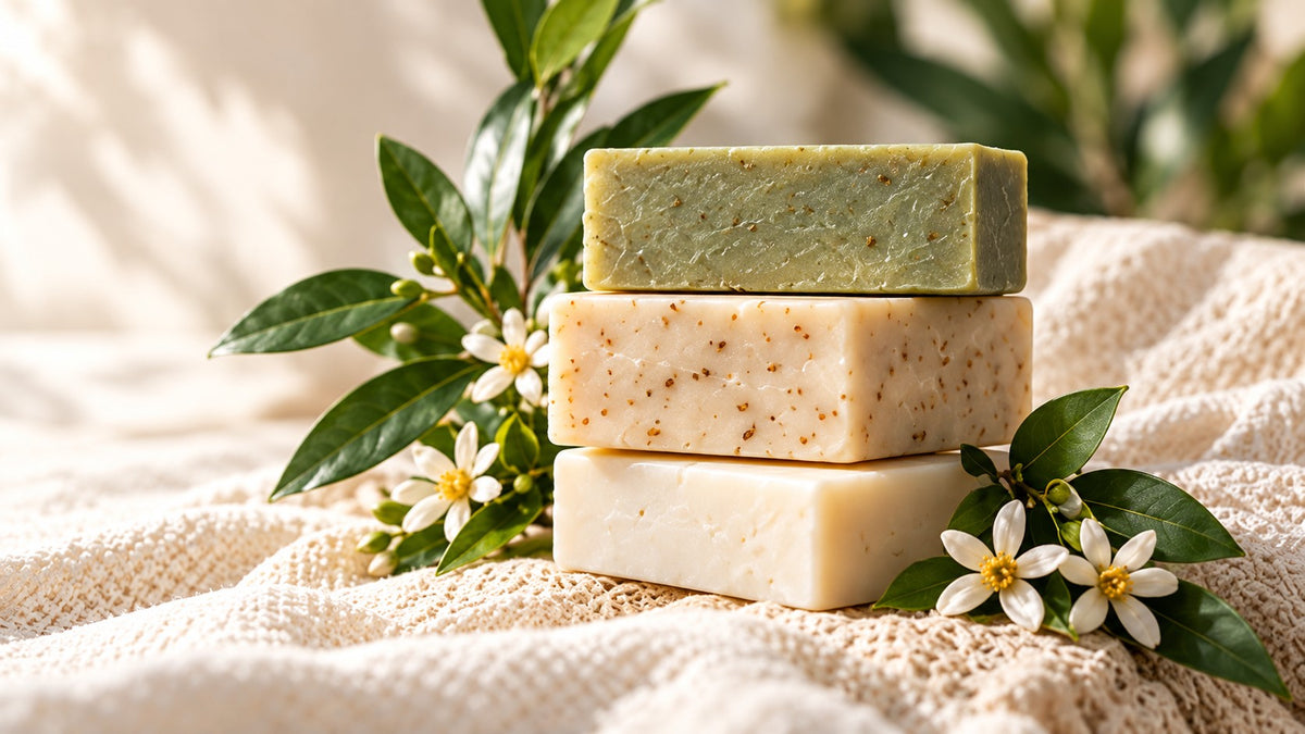 Stacked custom bar soaps with botanical leaves