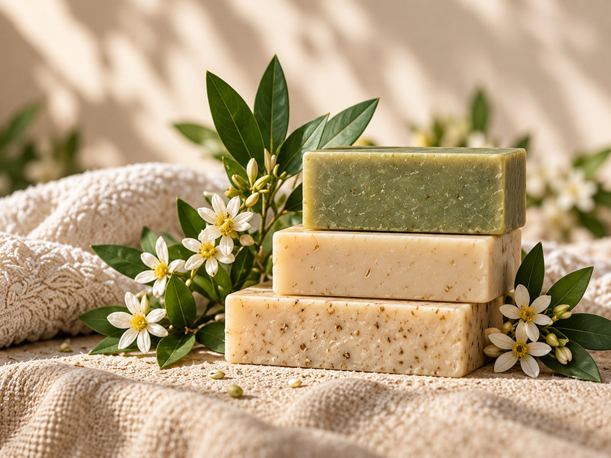 Stacked bar soaps with olive leaves and blossoms